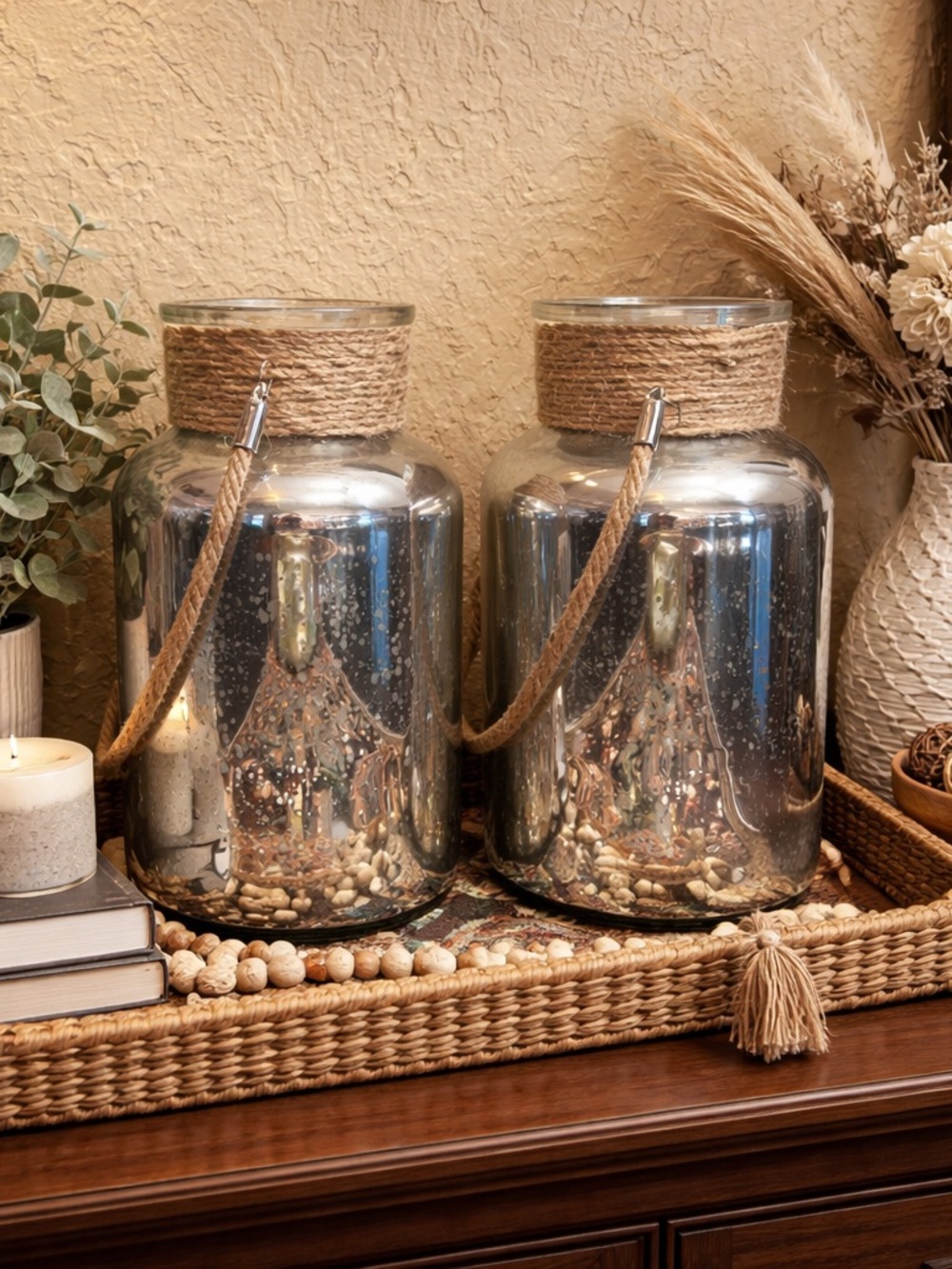 Set of 2 Mercury Glass Rope-Handled Lanterns -